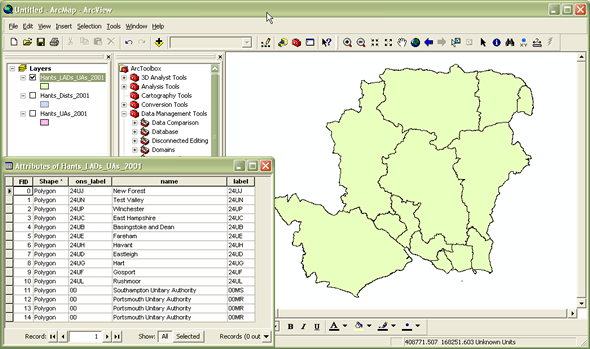 Merged shapefile – one single shapefile containing both LAD and UA authorities within Hampshire 2001